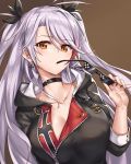  1girl azur_lane choker earrings eyewear_in_mouth hood iron_cross jacket jewelry ks lavender_hair leather leather_jacket long_hair looking_at_viewer mouth_hold prinz_eugen_(azur_lane) sunglasses two_side_up upper_body 