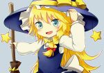  1girl ayuki_(47881314) black_hat blonde_hair blue_eyes blush bow braid broom cookie_(touhou) eyebrows_visible_through_hair fang hair_bow hat hat_bow hat_ribbon holding holding_broom kirisame_marisa long_hair long_sleeves looking_at_viewer open_mouth red_bow ribbon ruka_(cookie) smile solo witch_hat yellow_bow yellow_ribbon 