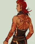  1boy akai_suzaku artist_name back_tattoo backless_outfit bracelet closed_mouth from_behind grey_background idolmaster idolmaster_side-m iwa_(iwa000ima) jewelry male_focus multicolored_hair red_eyes redhead simple_background solo tattoo 