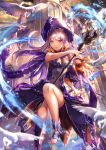  1girl arch bad_arm bird breasts building cleavage clouds fantasy hat highres holding holding_staff long_hair looking_at_viewer magic original outdoors pink_eyes purple_hair purple_hat shenteita solo staff standing standing_on_one_leg 