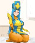  1girl bakkanki blue_hair blush bodystocking bodysuit breasts curvy dragon_quest dragon_quest_iii gloves hat indoors lap_pillow lap_pillow_invitation large_breasts long_hair mimikaki mitre on_bed orange_bodysuit parted_lips priest_(dq3) red_eyes seiza sitting skin_tight solo tabard very_long_hair window yellow_gloves 