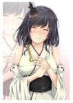  1girl black_hair blush breasts closed_eyes detached_sleeves headgear japanese_clothes jewelry kantai_collection large_breasts nontraditional_miko obi red_eyes ring sash shohei_(piranha5hk) short_hair smile solo wedding_ring white_background wide_sleeves yamashiro_(kantai_collection) 