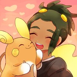  1boy alola_form alolan_raichu blush closed_eyes dark_skin dark_skinned_male green_hair hau_(pokemon) hug lowres open_mouth pokemon pokemon_(creature) pokemon_(game) pokemon_sm raichu shirt short_hair short_ponytail smile t-shirt 