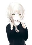  1girl black_sweater blush braid closed_mouth eating eyebrows_visible_through_hair food green_eyes hair_over_shoulder holding long_hair long_sleeves looking_at_viewer lpip original pocky pocky_day silver_hair simple_background single_braid solo sweater upper_body white_background 