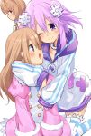  3girls blanc blancpig_yryr blue_eyes blush brown_hair d-pad hair_ornament highres hug jealous multiple_girls neptune_(choujigen_game_neptune) neptune_(series) purple_hair ram_(choujigen_game_neptune) short_hair smile violet_eyes wink 