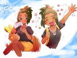  1girl alola_form alolan_raichu blush breasts closed_eyes dark_skin dark_skinned_male genderswap genderswap_(mtf) green_hair hau_(pokemon) looking_at_viewer medium_breasts open_mouth pokemon pokemon_(creature) pokemon_(game) pokemon_sm raichu shirt short_hair short_ponytail smile t-shirt 