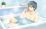  1boy adjusting_eyewear bathtub black-framed_eyewear blue_eyes blue_hair closed_mouth collarbone copyright_request expressionless glasses hand_up indoors knees_up kurata_rine looking_at_viewer male_focus nude official_art partially_submerged plant potted_plant sitting solo steam tile_wall tiles towel water water_drop wet 