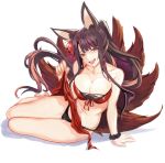  1girl :d akagi_(azur_lane) animal_ears azur_lane barefoot bikini black_hair breasts cleavage flower hair_flower hair_ornament hasaya long_hair looking_at_viewer multiple_tails navel open_mouth orange_eyes ponytail sitting smile solo swimsuit tail teeth 