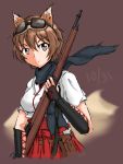  arisaka bolt_action brown_eyes brown_hair dated endlessgr8 eyebrows_visible_through_hair goggles goggles_on_head gun hakama_skirt highres japanese_clothes katou_keiko looking_at_viewer rifle scarf short_hair simple_background smile solo weapon world_witches_series 