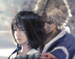  1boy 1girl artist_name bangs black_hair blonde_hair blue_eyes blurry blurry_background closed_eyes closed_mouth commentary depth_of_field final_fantasy final_fantasy_x gloves hug hug_from_behind long_hair patreon_username tidus upper_body wlop yuna 