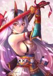  1girl armor armpits arms_up bare_shoulders bow breasts fate/grand_order fate_(series) faulds gauntlets hair_between_eyes hair_bow headband holding holding_sword holding_weapon japanese_armor japanese_clothes katana kelinch1 kimono lavender_hair long_hair medium_breasts oni_horns parted_lips petals red_bow red_eyes sash sheath sideboob sleeveless sleeveless_kimono smile solo sword tassel tomoe_gozen_(fate/grand_order) twitter_username unsheathed upper_body very_long_hair weapon 
