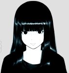  1girl bangs blunt_bangs closed_mouth grey_background greyscale hakai_shin hime_cut long_hair looking_at_viewer monochrome shirt sidelocks simple_background smile solo staring straight_hair upper_body 