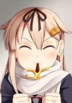  1girl ^_^ black_ribbon blonde_hair clenched_teeth closed_eyes commentary dot_nose facing_viewer food food_in_mouth hair_between_eyes hair_flaps hair_ornament hair_ribbon hairclip highres jewelry kantai_collection long_hair mouth_hold pocky pocky_day remodel_(kantai_collection) ribbon ring scarf solo teeth upper_body v-shaped_eyebrows wedding_band white_scarf yasume_yukito yuudachi_(kantai_collection) 