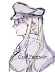  1girl absurdres agtt25333 blonde_hair breasts capelet closed_mouth expressionless from_side graf_zeppelin_(kantai_collection) hair_between_eyes hat highres kantai_collection long_hair military military_hat necktie peaked_cap sidelocks simple_background solo twintails upper_body white_background 