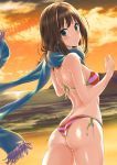  1girl ass bikini blue_scarf brown_hair dutch_angle from_behind green_eyes highres horizon idolmaster idolmaster_cinderella_girls idolmaster_cinderella_girls_starlight_stage long_hair looking_at_viewer looking_back ocean orange_sky outdoors pink_bikini ran_(yamatoagu) red_bikini scarf shibuya_rin side-tie_bikini sky solo striped striped_bikini sunset swimsuit 