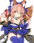  1girl animal_ears blue_legwear breasts ears_through_headwear fate/extra fate_(series) food fox_ears fox_tail highres japanese_clothes kimono large_breasts long_hair pocky pocky_day silver_(chenwen) solo tail tamamo_(fate)_(all) tamamo_no_mae_(fate) thigh-highs yellow_eyes 
