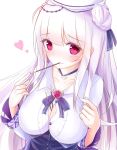  1girl azur_lane between_breasts breasts bursting_breasts cleavage commentary_request cygnet_(azur_lane) double_bun food hat heart jewelry long_sleeves necklace pocky pocky_day red_eyes remodel_(azur_lane) solo white_hair 