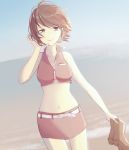  1girl beach boots brown_hair footwear_removed lips looking_at_viewer meiko midriff miniskirt nokuhashi shoreline short_hair skirt smile vocaloid 