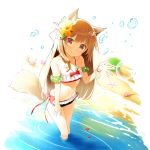  1girl :&gt; animal_ears bandeau bikini brown_eyes brown_hair character_request closed_mouth crab floater flower foreshortening from_above hair_flower hair_ornament halterneck looking_at_viewer nekomu petals side-tie_bikini single_sidelock smile solo starfish swimsuit tail transparent_background uchi_no_hime-sama_ga_ichiban_kawaii wading wristband 
