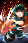  1boy attacking_viewer bangs belt bodysuit boku_no_hero_academia boots bruise bruise_on_face burnt clenched_teeth commentary electricity full_body green_bodysuit green_eyes green_hair green_pants highres injury looking_at_viewer magister_(medical_whiskey) male_focus mask mask_removed midoriya_izuku pants red_footwear sanpaku solo_focus sparks tears teeth torn_clothes wide-eyed 