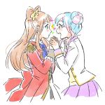  2girls :d aikatsu! aikatsu_stars! blue_hair bow brown_hair double_bun epaulettes eye_contact green_eyes hair_bow hanazono_kirara hand_holding long_hair looking_at_another mmm2id multicolored multicolored_stripes multiple_girls open_mouth orange_eyes pink_hair saotome_ako school_uniform sidelocks skirt smile sparkle striped uniform 