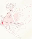  1girl absurdres ahoge bare_arms bare_shoulders barefoot card_captor_sakura closed_eyes dress flying from_side full_body highres holding holding_wand kinomoto_sakura magical_girl miemia pink_background pink_dress profile short_hair sketch solo two_side_up wand 