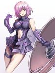  1girl :d breasts elbow_gloves fate/grand_order fate_(series) gloves hair_over_one_eye jonylaser looking_at_viewer navel open_mouth purple_gloves purple_hair shield shielder_(fate/grand_order) short_hair simple_background smile solo violet_eyes white_background 