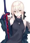  artoria_pendragon_(all) azuuru bangs bare_shoulders black_bow black_vest blue_jacket blush bow commentary_request dark_excalibur fate/stay_night fate_(series) food fur-trimmed_jacket fur_trim hair_between_eyes hair_bow highres jacket jewelry mouth_hold necklace off_shoulder open_clothes open_jacket pale_skin pocky ribbed_sweater saber_alter silver_hair simple_background sleeveless sleeveless_turtleneck sweater sweater_vest sword turtleneck vest weapon white_background yellow_eyes 