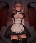  1girl absurdres animal_ears apron bangs between_legs black_dress black_legwear blonde_hair breasts breasts_apart bright_pupils cowboy_shot dragon_girl dragon_horns dragon_tail dragon_wings dress elbow_gloves eyebrows_visible_through_hair gloves grey_background highres horns large_breasts long_hair looking_at_viewer maid maid_apron maid_headdress matilda_vin original parted_lips patreon_username pointy_ears puffy_short_sleeves puffy_sleeves sash short_sleeves slit_pupils smile solo sparks standing tail tail_between_legs thigh-highs white_gloves wings yellow_eyes 