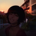  1girl ^_^ apartment balcony bangs black_hair blunt_bangs bob_cut building chain-link_fence choker close-up closed_eyes face fence grin guard_rail ilya_kuvshinov lips original outdoors plant railing red_shirt road satellite_dish shirt short_hair sign sky smile solo sun sunset teeth traffic_cone twilight upper_body 