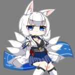  1girl :&lt; anahoriya animal_ears azur_lane bangs blue_eyes blush_stickers breasts cleavage closed_mouth collarbone cowboy_shot eyebrows eyebrows_visible_through_hair eyelashes eyes_visible_through_hair eyeshadow facing_away flight_deck fox_ears fox_tail fur grey_background hair_between_eyes japanese_clothes kaga_(azur_lane) kikumon kimono kneehighs knees_together_feet_apart long_sleeves looking_away makeup medium_breasts multicolored multicolored_clothes multicolored_kimono multiple_tails outline sash shiny shiny_hair shiny_skin short_hair short_kimono simple_background sitting sleeves_past_wrists solo tail white_hair white_legwear white_outline 