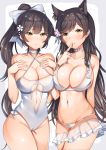  2girls :&lt; aozora_nan arm_behind_back atago_(azur_lane) azur_lane bikini blush border bow breasts brown_eyes brown_hair casual_one-piece_swimsuit choker cleavage collarbone covered_navel criss-cross_halter eyebrows_visible_through_hair finger_to_mouth flower grey_border groin hair_bow hair_flower hair_ornament halterneck hands_on_own_chest highres index_finger_raised large_breasts long_hair looking_at_viewer multiple_girls navel one-piece_swimsuit ponytail sarong see-through shiny shiny_skin standing stomach sweat swimsuit takao_(azur_lane) tareme under_boob very_long_hair white_background white_bikini white_bow white_neckwear white_swimsuit 
