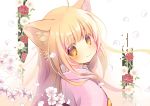  1girl ahoge animal_ears bangs blonde_hair blush branch cherry_blossoms closed_mouth eyebrows_visible_through_hair flower from_behind from_side head_tilt japanese_clothes kimono konohana_kitan kuga_tsukasa looking_at_viewer looking_back orange_eyes petals pink_kimono smile solo upper_body yuzu_(konohana_kitan) 