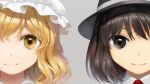  2girls black_eyes black_hair blonde_hair brown_eyes brown_hair face grey_background hat highres looking_at_viewer maribel_hearn mob_cap multiple_girls short_hair smile suna_(s73d) touhou usami_renko yellow_eyes 