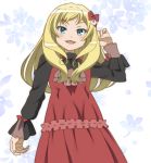  1girl :3 :d blonde_hair blue_eyes bow dress flower from_below hair_bow imouto_sae_ireba_ii long_hair long_sleeves looking_at_viewer onomekaman oono_ashley open_mouth red_dress smile solo 