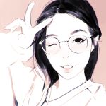  1girl close-up glasses ilya_kuvshinov long_hair looking_at_viewer one_eye_closed original parted_lips simple_background solo upper_body v 