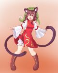  1girl alternate_headwear animal_ears boots brown_eyes brown_hair cat_ears chen earrings fang gradient gradient_background haruirokomici hat highres jewelry long_sleeves mob_cap multiple_tails nekomata open_mouth solo standing tail touhou two_tails wide_sleeves 