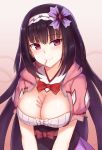  1girl black_hair breasts cai_geng cleavage fate/grand_order fate_(series) food hairband highres large_breasts long_hair looking_at_viewer mouth_hold osakabe-hime_(fate/grand_order) pocky pocky_day smile solo violet_eyes 
