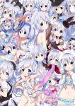  3girls :&lt; :3 :o absurdres alternate_costume alternate_hairstyle ama_usa_an_uniform angora_rabbit animal animal_ears animal_hood animal_on_head anko_(gochiusa) annotated apron arms_around_neck bare_back blue_eyes blue_hair blush blush_stickers bouquet bow braid bunny_hood bunny_on_head buttons capelet cat_lingerie chemise chestnut_mouth cleavage_cutout collage collar collarbone commentary_request crown cuffs cup diagonal_stripes double_bun dress eyelashes fake_animal_ears fleur_de_lapin_uniform flower food frown gloves gochuumon_wa_usagi_desu_ka? hair_between_eyes hair_flower hair_ornament hairband hand_on_own_cheek hand_on_own_face handcuffs hat hat_bow high_heels highres holding holding_animal hood hoto_cocoa ice_cream ice_cream_cone index_finger_raised jouga_maya kafuu_chino lace lace-trimmed_panties lace_trim leaf light_smile long_hair long_sleeves looking_at_viewer looking_back low_twintails lying magical_girl maid_headdress meme_attire mini_crown multiple_girls multiple_persona navel neck_ribbon neki_(wakiko) on_head on_side one_eye_closed open_mouth orange_hair panties pantyhose pillow police police_uniform polka_dot puffy_short_sleeves puffy_sleeves rabbit rabbit_house_uniform ribbon rose saucer short_sleeves smile striped striped_legwear stuffed_toy tareme teacup tippy_(gochiusa) triangle_mouth twin_braids twintails twitter_username underwear uniform waist_apron x_hair_ornament yellow_eyes 