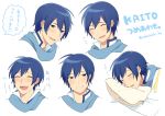  1boy blue_eyes blue_hair character_name closed_eyes expressions kaito laughing male_focus nokuhashi pillow scarf sleeping solo upper_body vocaloid 