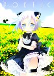  androgynous animal_ears black_dress black_neckwear blue_eyes blue_hair blue_sky blush bow bowtie cat_ears cat_tail clouds cowboy_shot crona_(soul_eater) day dress field fingernails flower flower_field frilled_dress frills gradient_hair green_hair groin hair_flower hair_ornament holding holding_flower multicolored_hair no_panties outdoors parted_lips photo_background puffy_short_sleeves puffy_sleeves purple_hair sakurazawa_izumi short_hair short_sleeves sky solo soul_eater standing tail tears yellow_flower 