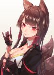  1girl akagi_(azur_lane) animal_ears azur_lane bangs black_gloves black_hair breasts cleavage detached_collar fox_ears fox_tail from_side gesture_request gloves highres japanese_clothes large_breasts long_hair looking_at_viewer multiple_tails partly_fingerless_gloves red_eyes smile solo tail temoto upper_body 