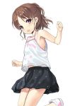  1girl armpits arms_up black_skirt brown_eyes brown_hair camisole jiji leg_up long_hair open_mouth original ponytail skirt smile solo standing standing_on_one_leg white_camisole 