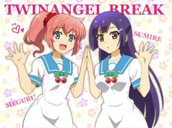  2girls :d :o amatsuki_meguru brown_eyes character_name cherry copyright_name english food fruit hair_ornament hairclip hands_together heart kisaragi_sumire long_hair mole mole_under_eye multiple_girls onomekaman open_mouth palms_together pink_hair ponytail purple_hair sailor_collar school_uniform smile twin_angel twin_angel_break white_uniform 