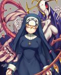  1girl black_legwear blonde_hair blush breasts closed_eyes closed_mouth cross cross_necklace double_(skullgirls) eldritch_abomination extra_eyes full_body habit hair_between_eyes iroyopon jewelry long_sleeves medium_breasts monster necklace nun red_eyes skullgirls smile solo thigh-highs white_background 