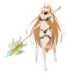  1girl armlet armor armpit_peek bare_shoulders bikini_armor blonde_hair blue_eyes breasts cleavage closed_mouth elf full_body hair_between_eyes halberd highres holding holding_weapon large_breasts long_hair looking_at_viewer navel nora_kaato original pointy_ears polearm sidelocks simple_background smile solo standing stomach very_long_hair weapon white_background 