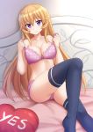  1girl black_legwear blonde_hair bra breasts highres kazenokaze large_breasts long_hair looking_at_viewer nakiri_erina panties pink_bra pink_panties shokugeki_no_souma solo thigh-highs underwear underwear_only undressing violet_eyes yes-no_pillow 