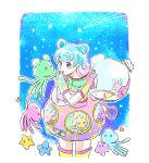  1girl aikatsu! aikatsu_stars! alien astronaut blush double_bun gloves gradient gradient_clothes hanazono_kirara headwear_removed heart heart-shaped_pupils helmet helmet_removed looking_at_another mmm2id multicolored_hair space star symbol-shaped_pupils tentacle thigh-highs 