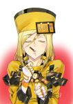  1girl ashiomi_masato blonde_hair closed_eyes fingerless_gloves food fur_hat gloves guilty_gear guilty_gear_xrd hat incoming_pocky_kiss millia_rage mouth_hold pocky pocky_day solo sweat ushanka 