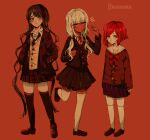  3girls absurdres arms_at_sides artist_name bagns bananniehh bangs black_jacket black_legwear blunt_bangs blush brown_footwear brown_jacket brown_skirt brown_vest chabashira_tenko commentary_request dangan_ronpa_(series) dangan_ronpa_v3:_killing_harmony eyebrows_visible_through_hair foot_up grey_hair grin hair_ornament highres jacket long_hair long_sleeves looking_at_viewer low_twintails mole mole_under_mouth multiple_girls notice_lines parted_lips plaid plaid_skirt pleated_skirt red_background redhead sailor_collar shirt short_hair skindentation skirt smile standing teeth thigh-highs twintails vest white_legwear white_shirt yonaga_angie yumeno_himiko zettai_ryouiki 